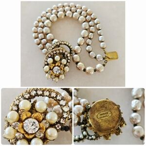 Vtg 50s 60s SIGNED Miriam Haskell Baroque Pearl & Rhinestone Bracelet, Flower